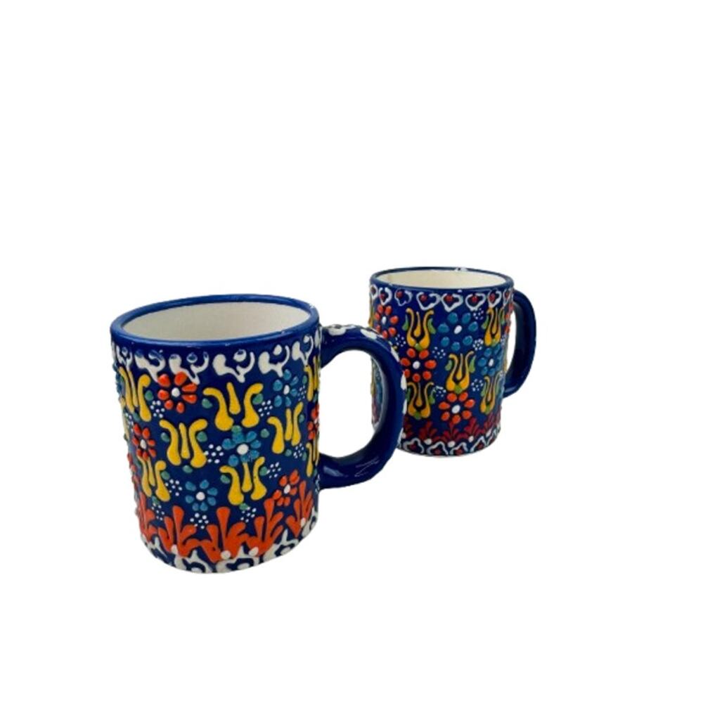 Myth Arts Dark Blue Cup Ceramic Floral Hand Crafted Made in Turkey Coffee Mug